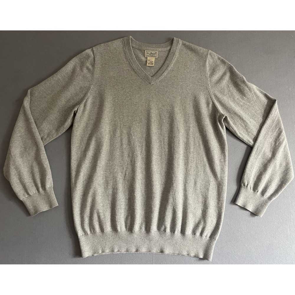 LL Bean Men L Tall Sweater Cashmere Cotton V Neck Gray Tight Knit Preppy Classic